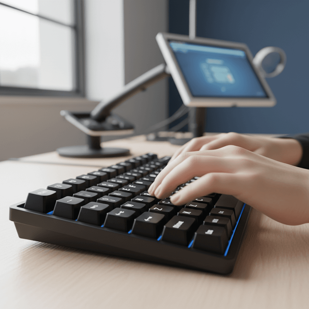 Hands typing on an accessible keyboard with high-contrast keys