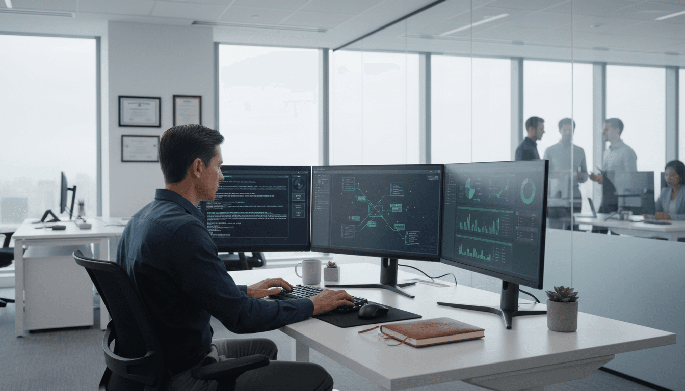 Professional workspace with security monitoring dashboards on dual screens
